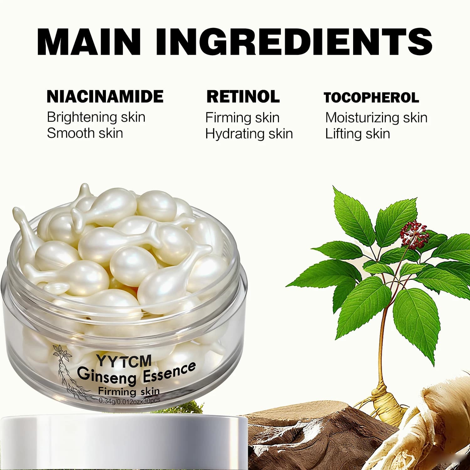 Capsules d'essence de ginseng, essence hydratante et raffermissante, contient du squalane, de la niacinamide, de la vitamine E, du rétinol, hydratation intense (0,34 g x 30 capsules)/flacon - 1 flacon