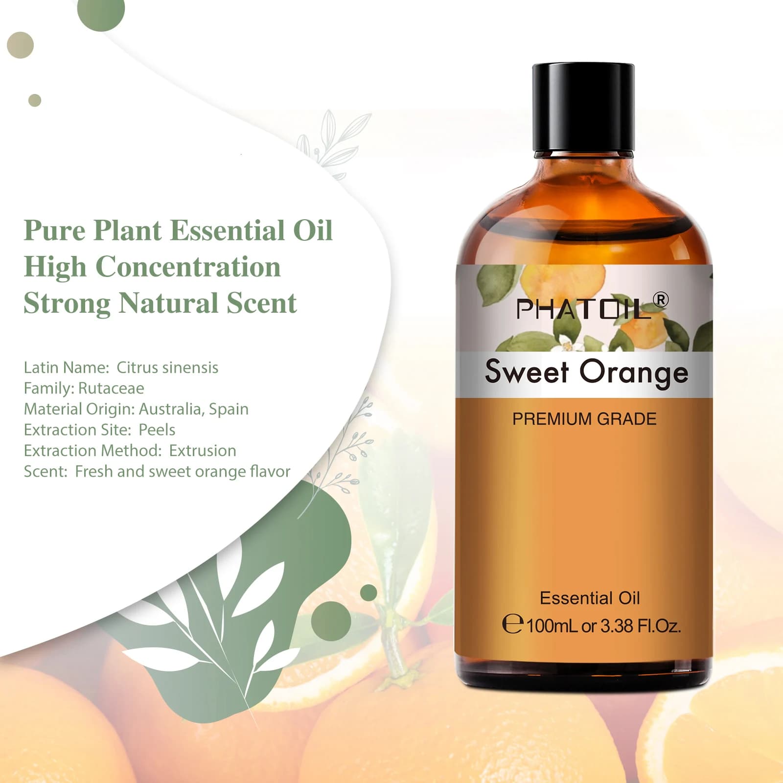 PHATOIL 100ml huile essentielle d'orange douce pour diffuseur aromathérapie huiles essentielles de parfum Premium pour la fabrication de bougies savon de bricolage