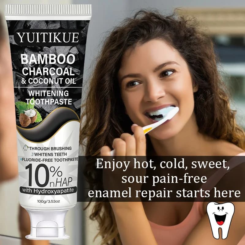 Dentifrice blanchissant au charbon de bambou et à l'huile de coco YUITIKUE | 10% nHAP Hydroxyapatite | Sans fluor 100g