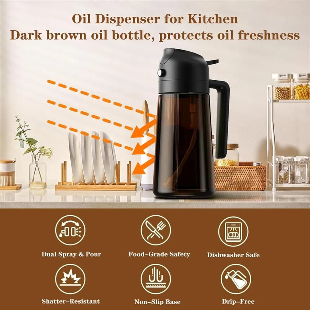 Distributeur et pulvérisateur d'huile en verre 2-en-1 - Bouteille pulvérisatrice