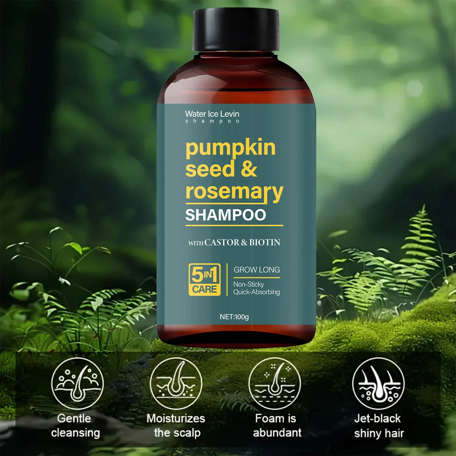 Shampoing à l‘Huile de Graines de Citrouille et Romarin 100g, Enrichi en Huile de Ricin et Biotine, Soin 5 en 1, Absorption Rapide, Prêt à Expédier