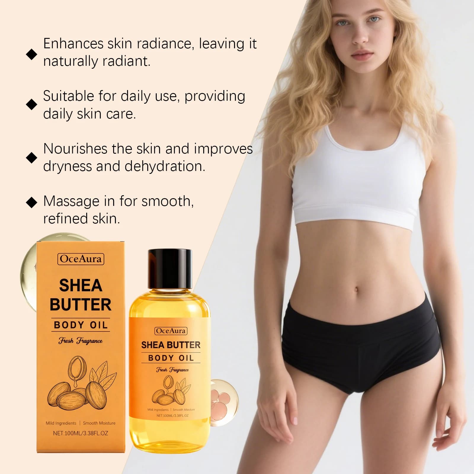 Huile corporelle au beurre, soin nourrissant doux pour tout le corps, absorption rapide et légère pour une peau lisse et douce