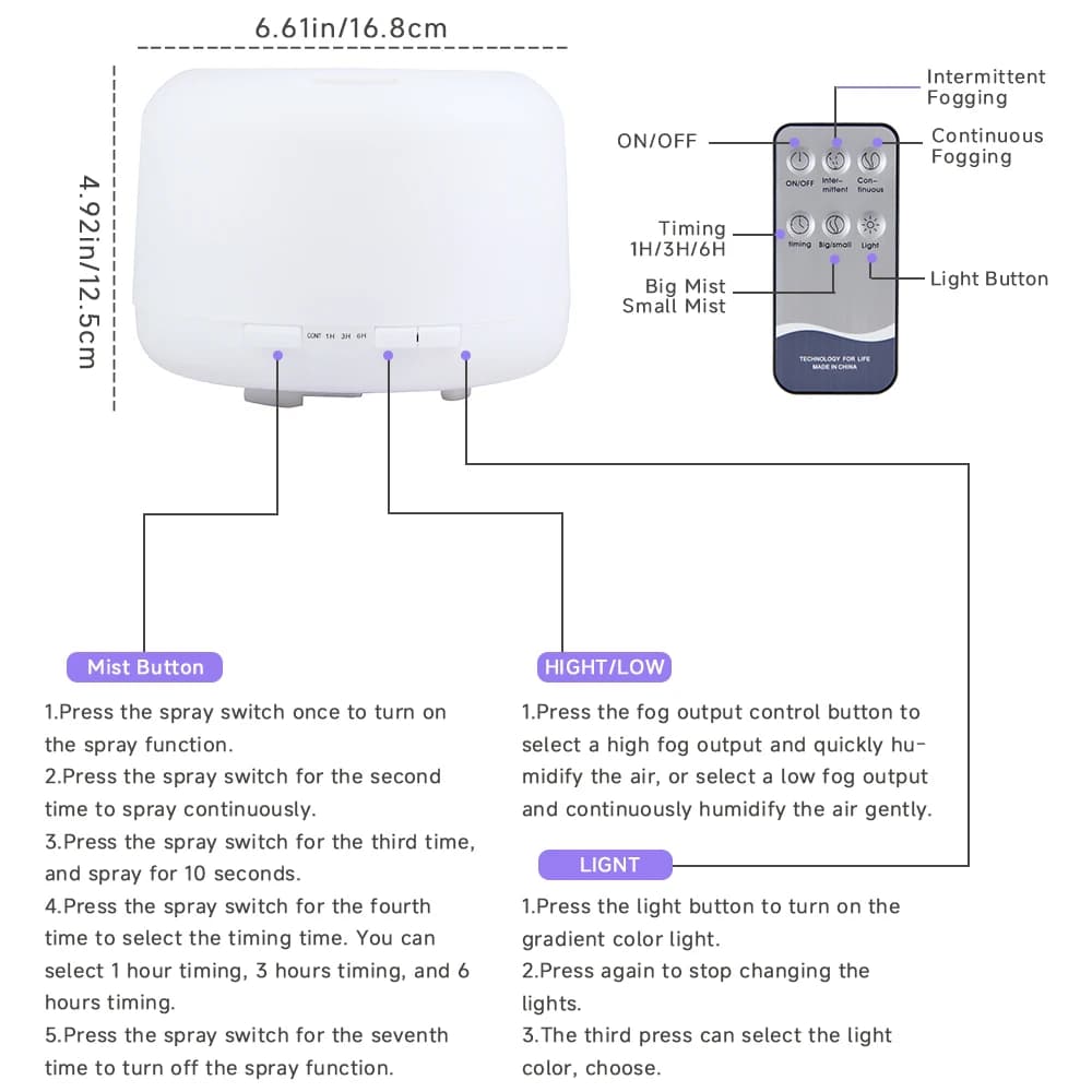 Humidificateur d'air diffuseur d'huile essentielle 500ML brumisateur à brume fraîche ultrasonique