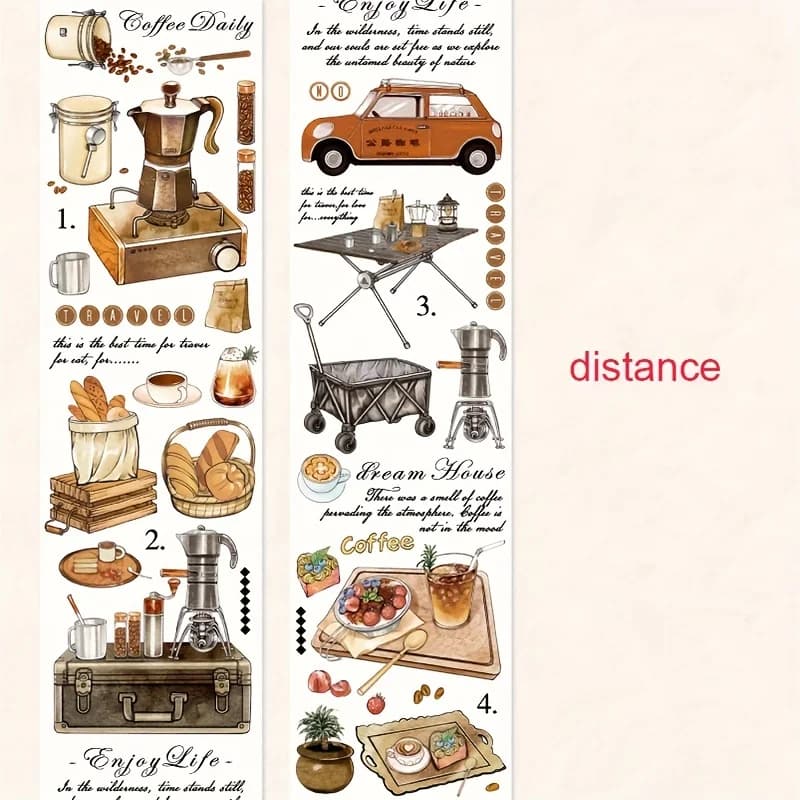 6Roll-up 5 cm × 200 cm, ensemble de rubans Washi sur le thème de la vie du café, avec motifs de la vie rurale – Parfait pour le scrapbooking, artisanat décoratif