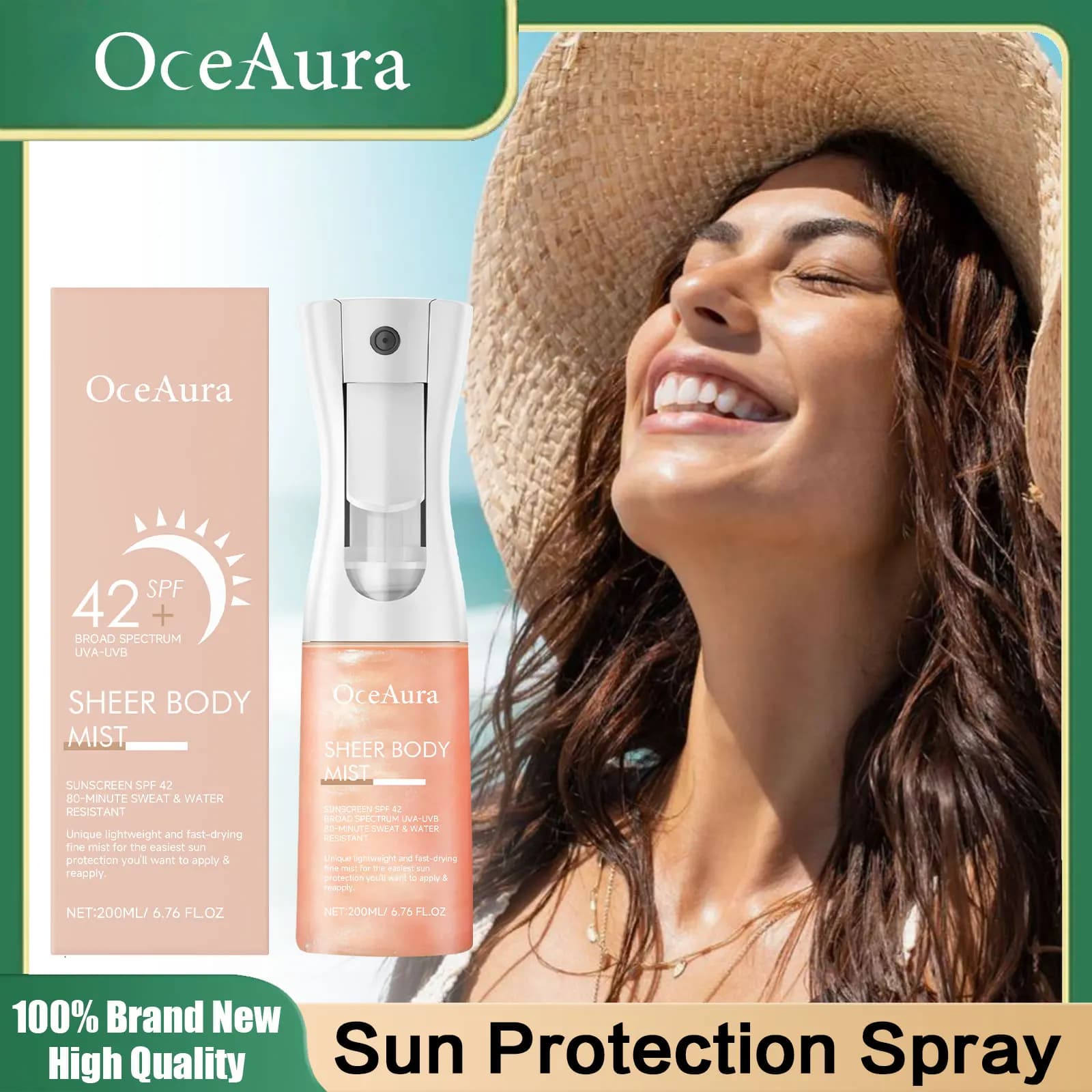 Spray solaire OceAura avec SPF42, protection anti-UV, prévention des coups de soleil, contrôle du sébum, crème solaire hydratante longue durée, résistante à l'eau 