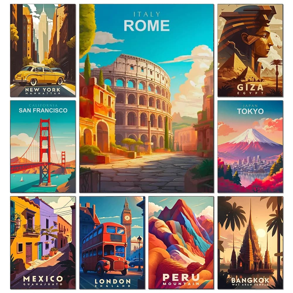 Peinture Diamant Paysages de Villes du Monde : Rome, Londres, Paris – Kits de Broderie au Point de Croix Mosaïque DIY pour Décoration Murale Salon Maison