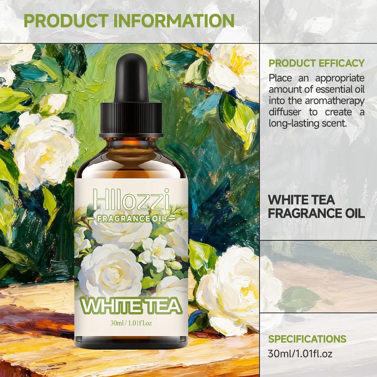 L'huile essentielle de jasmin du thé blanc est fraîche et élégante, avec un arôme sucré. Convient aux diffuseurs et aux purificateurs d'air.
