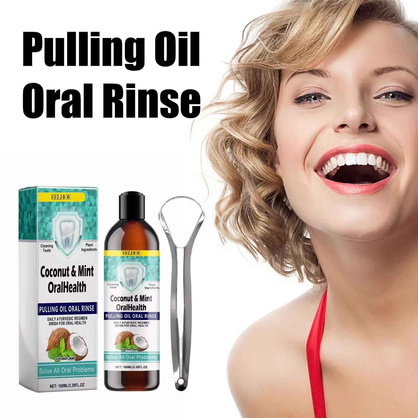 EELHOE – huile de noix de coco et menthe, rince-bouche, nettoyage des dents, dents blanches, sans alcool, haleine fraîche, produits de soins buccaux, grattoir à langue