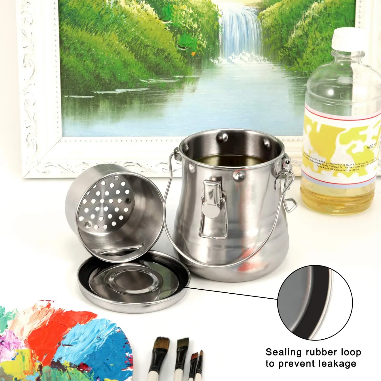 Laveur de pinceaux à peinture à l'huile en acier inoxydable avec pot à huile et filtre poreux amovible, nettoyeur de pinceaux en acier inoxydable scellé
