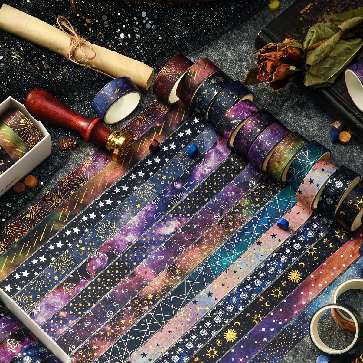 Ensemble de 12 rouleaux de ruban washi rétro ciel étoilé, 2 m de long / 1,5 cm de large, fournitures de papeterie et décoration de cadeaux, un cadeau pour les amis