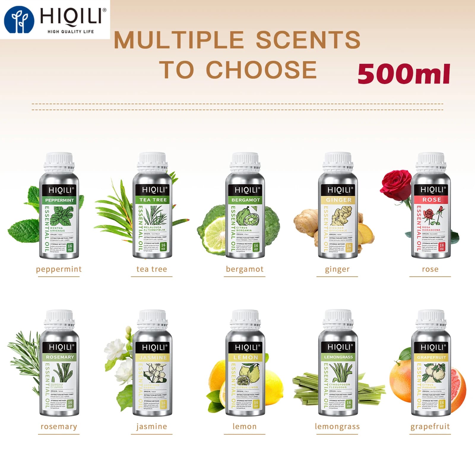 HIQILI Huile essentielle de grande capacité 500ML, lavande/eucalyptus/vanille/rose/franc-parfum/bois de santal, pour diffuseur/humidificateur