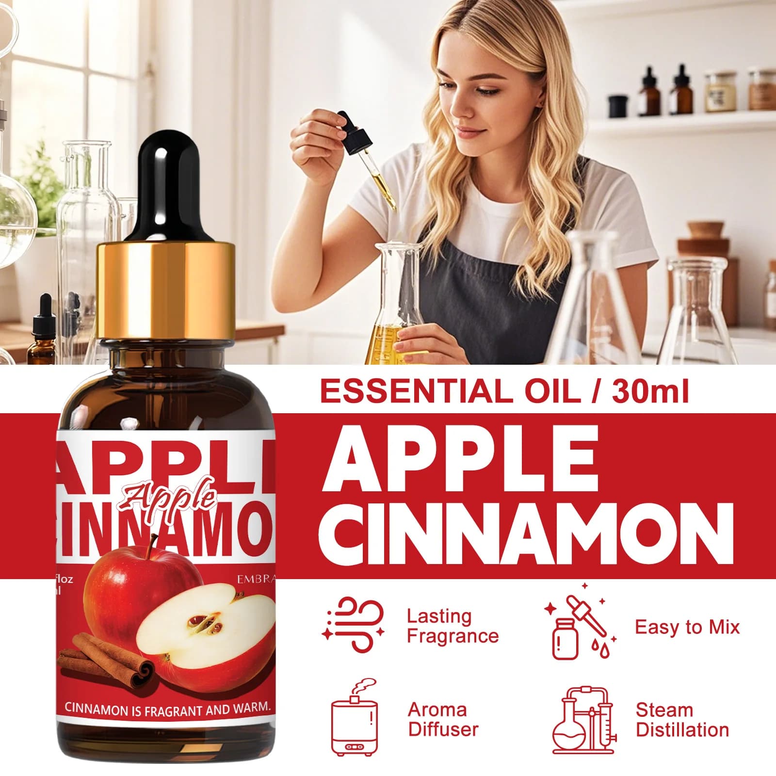 Huile essentielle de pomme et cannelle, 30ml, pour diffuseurs, projets de bricolage, cadeau pour amis, parfum chaud, aromathérapie