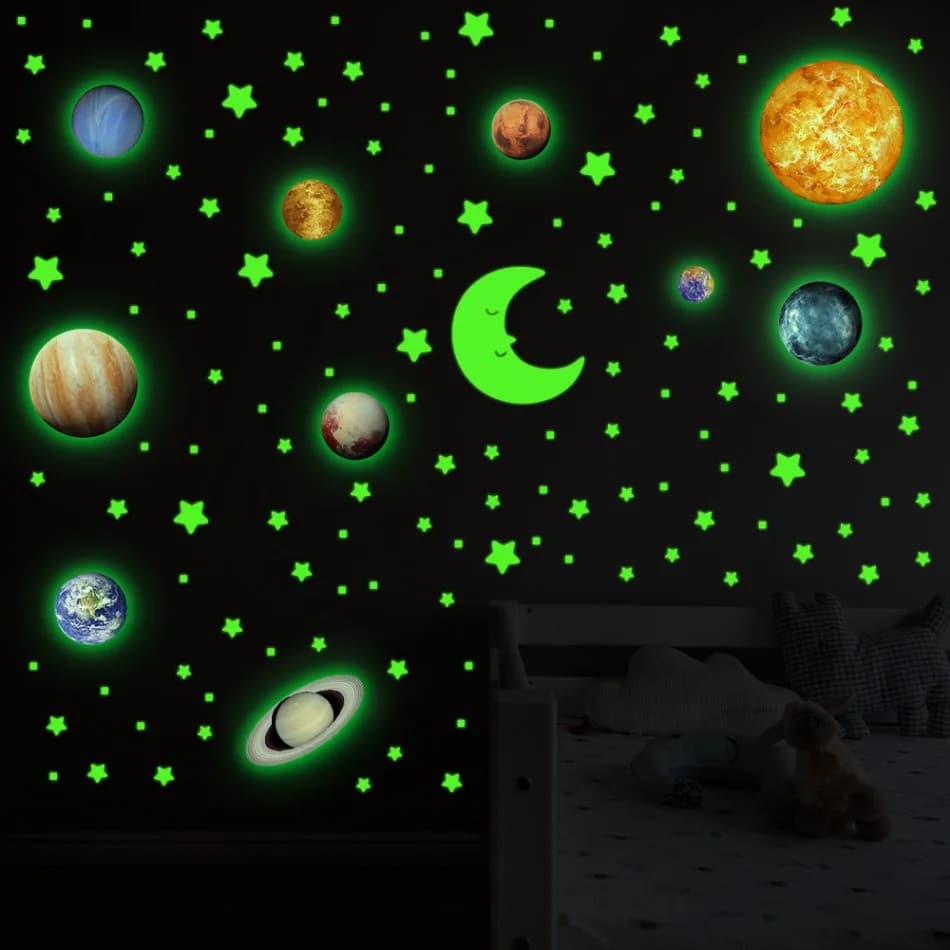 Autocollants muraux planètes qui brillent dans la nuit, sparadrap étoiles lumineuses pour chambre d'enfants, décoration murale auto-adhésive pour plafond de pièce, DIY bricolage