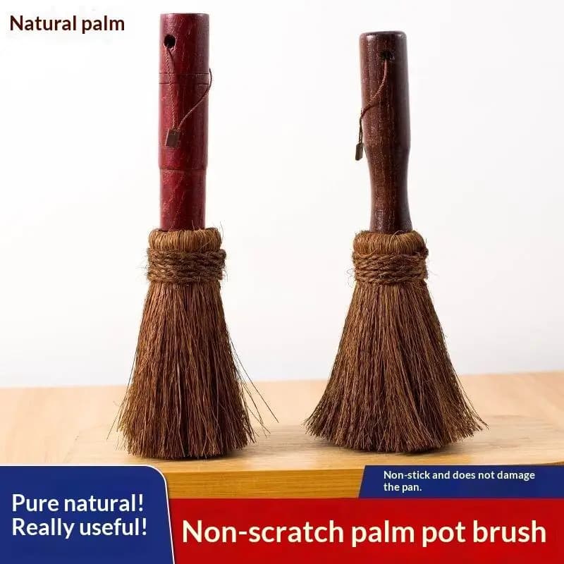 Brosse de nettoyage en soie de palme à manche en bois pour casseroles, antiadhésive, pour cuisinière, vaisselle, poils doux, produits de nettoyage
