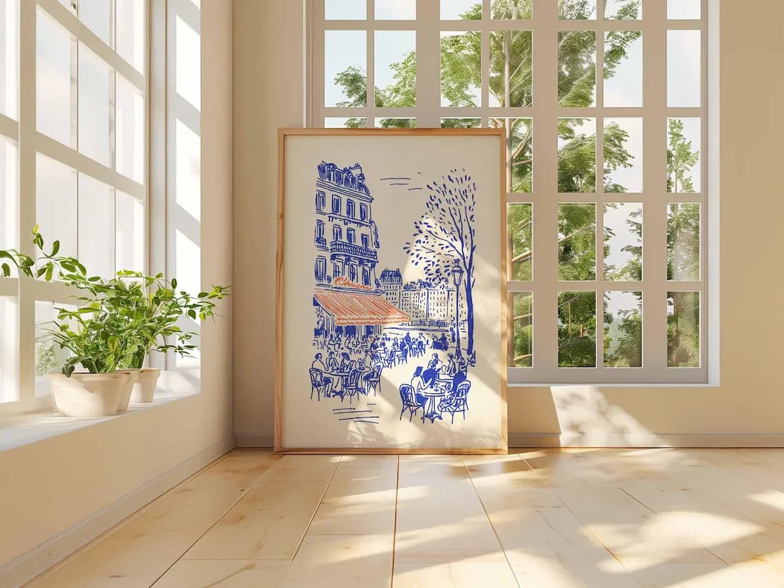Affiche d'art linéaire Café de Paris, Décoration murale Bistro français, Dessin minimaliste de Paris, Illustration de café européen