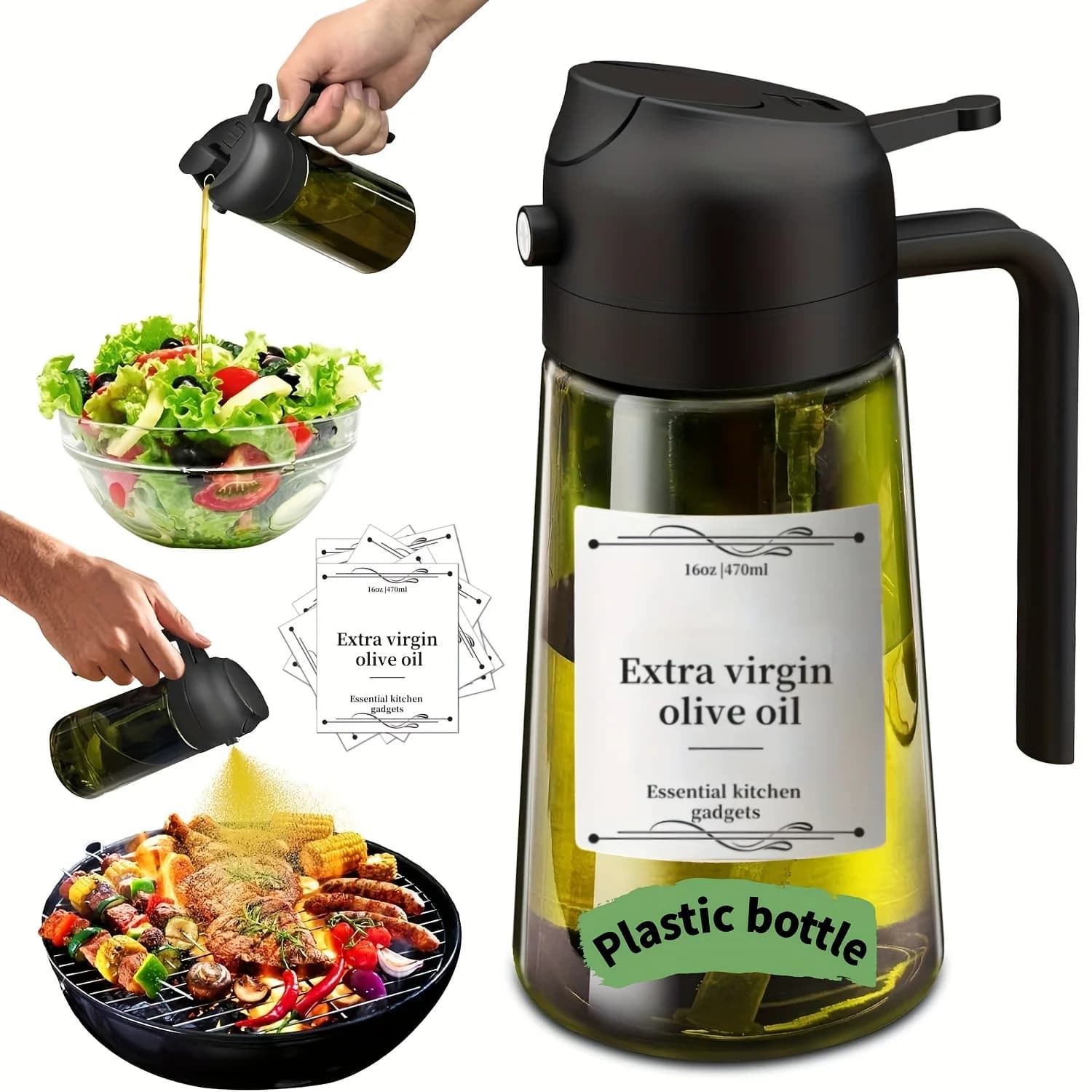 Distributeur et pulvérisateur d'huile d'olive 2 en 1, bouteille vert foncé de 16oz/470ml, plastique Durable avec 6 autocollants, Gadget de cuisine, 1 pièce