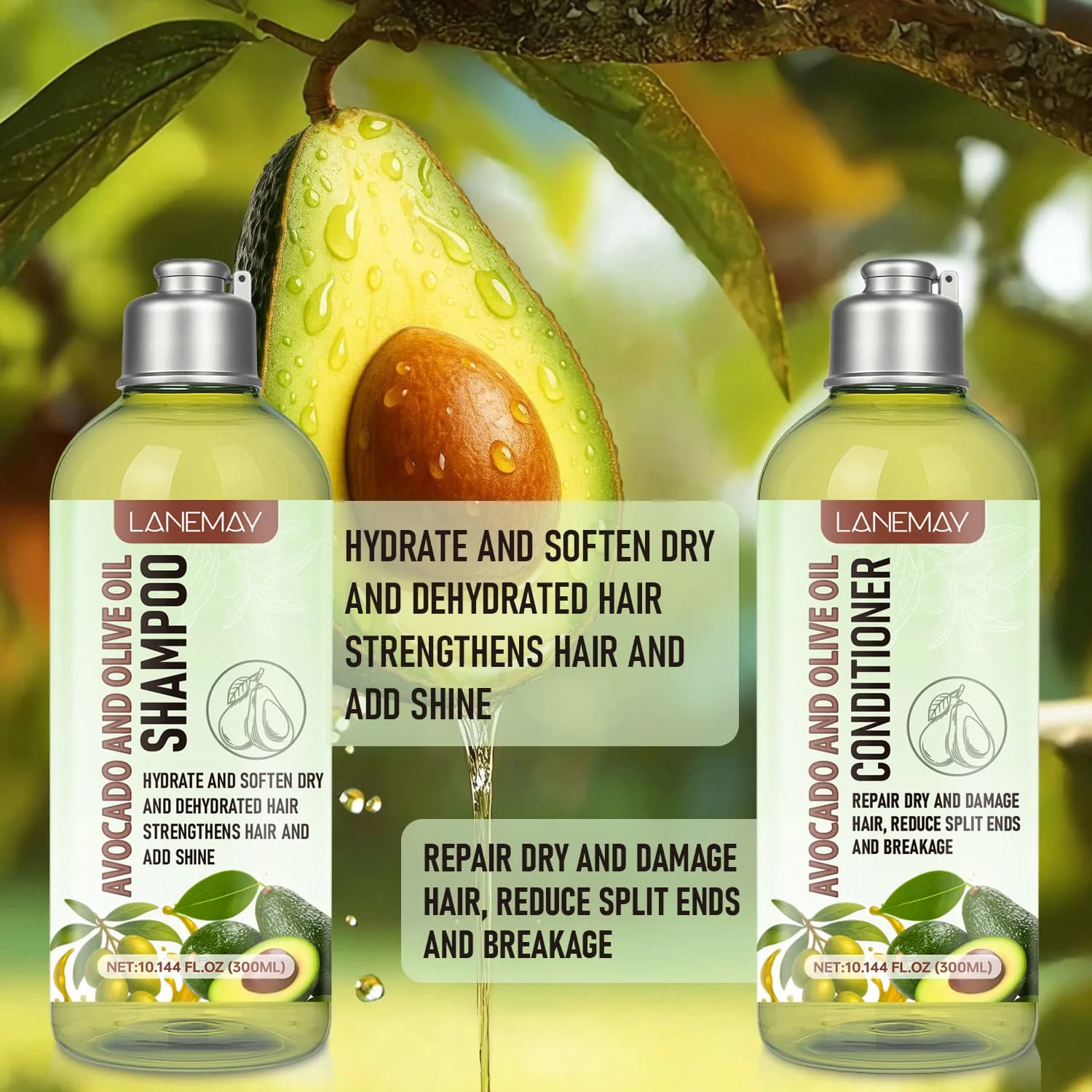 Ensemble shampoing et après-shampoing à l'avocat et à l'huile d'olive – 300 ml + 300 ml. Spécialement conçu pour les cheveux secs et abîmés, ce duo nourrissant h