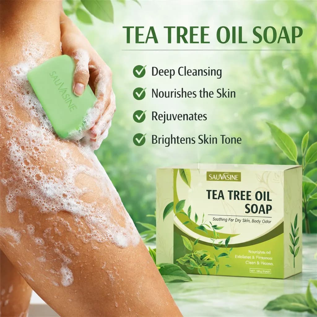 Savon à l'huile d'arbre à thé pour hommes et femmes, nettoyage en profondeur, apaisant pour les peaux sèches, soin des odeurs corporelles, exfolie et raffermit la peau, 100g