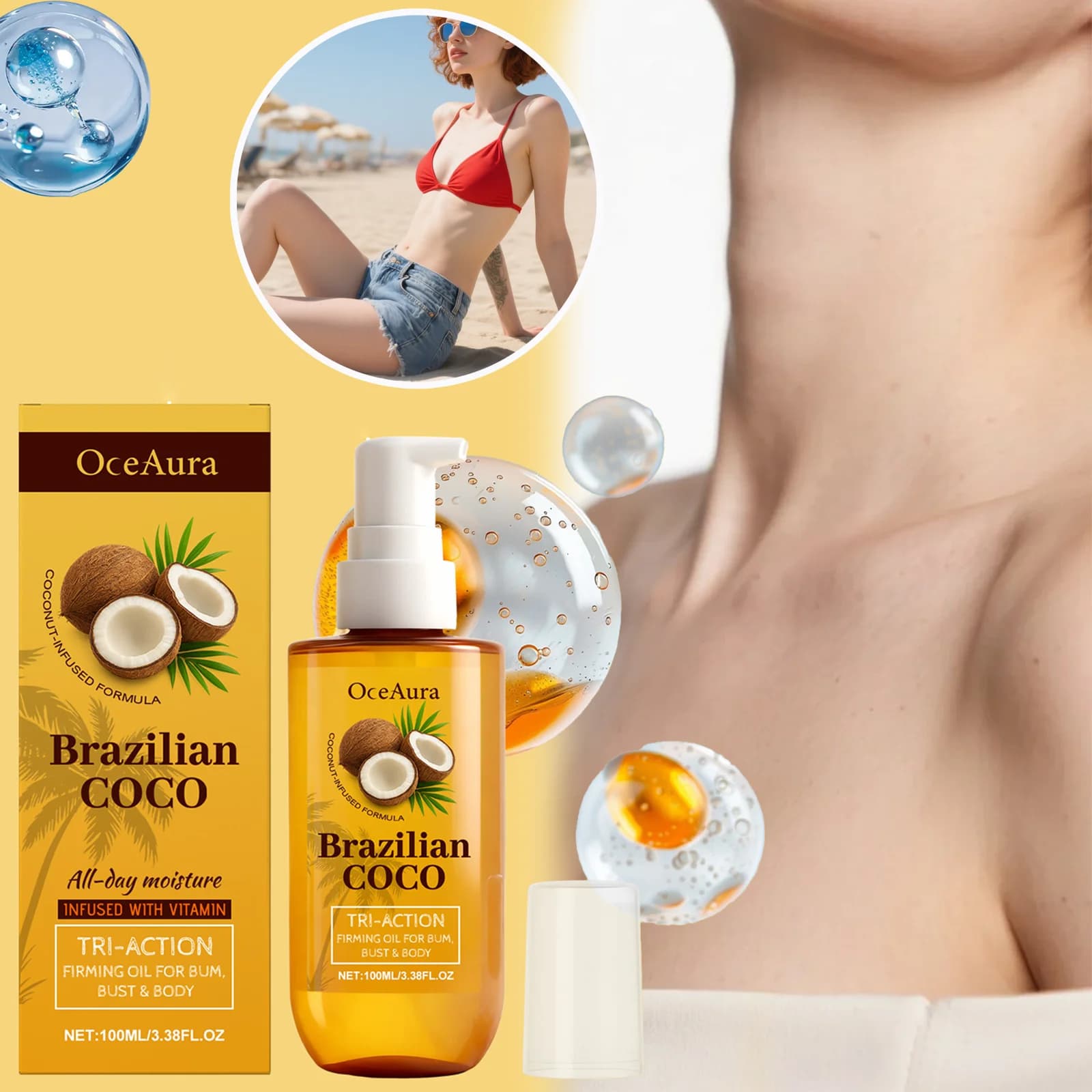 Huile corporelle de noix de coco, soin raffermissant et hydratant pour le corps, fesses, poitrine, vitamine enrichi, remède pour la peau sèche, nourrissant, absorption rapide