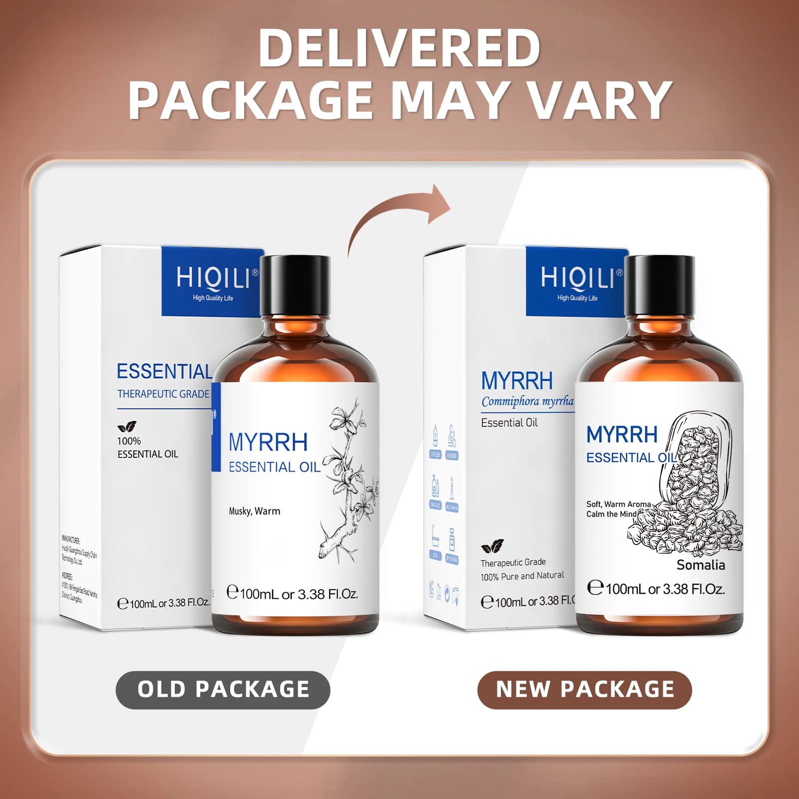HIQILI 100ML huiles essentielles de myrrhe, 100% nature pure pour aromathérapie, diffuseur, humidificateur, Massage, soulage le stress, parfum