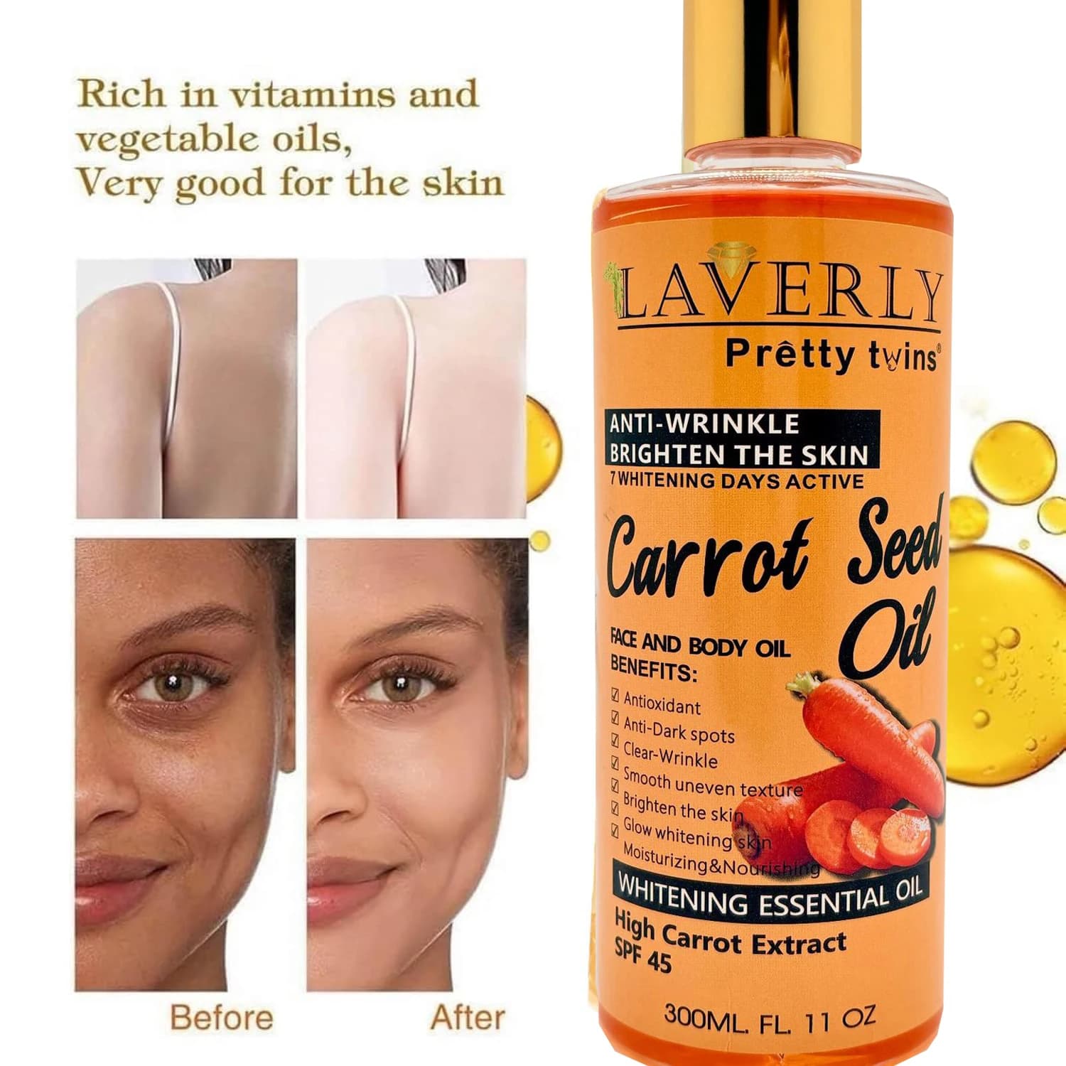 Huile corporelle hydratante à la carotte et au b-carotène 300 ml – Huile essentielle unisexe pour le corps, le visage et les mains