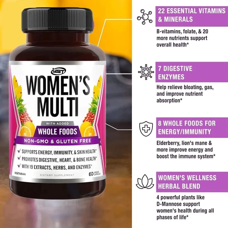 Complexe de vitamines pour femmes, 22 nutriments essentiels, fruits et légumes, améliore l'énergie, l'immunité et la santé cardiaque, 60 capsules