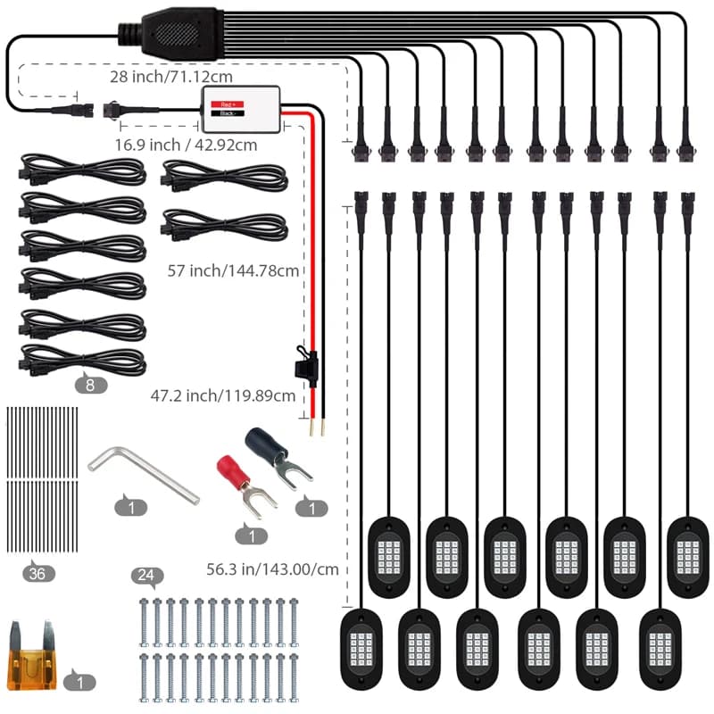 Feux LED RGB pour voiture, 4/6/8/10/12/14 modules, contrôle par application, musique, néon, éclairage de châssis pour tout-terrain, camion, SUV