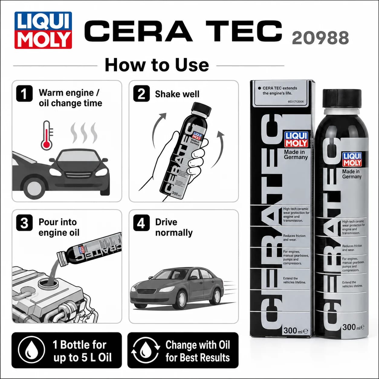 Additif d'huile moteur céramique Liqui Moly CeraTec, anti-usure, réducteur de friction, protecteur de moteur pour moteur turbo de voiture