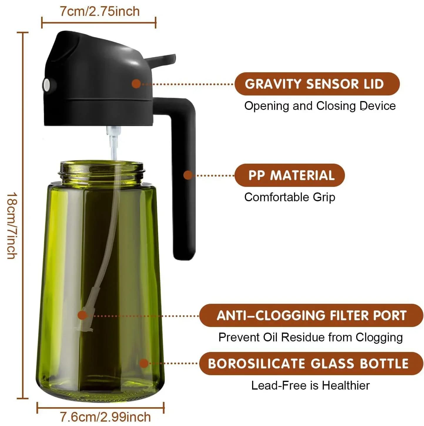 Pulvérisateur d'huile foncée 2 en 1, 470ML/16oz, bloquant la lumière, pour la cuisson, bouteille distributrice d'huile d'olive pour la cuisine, bouteille d'huile en verre vert foncé