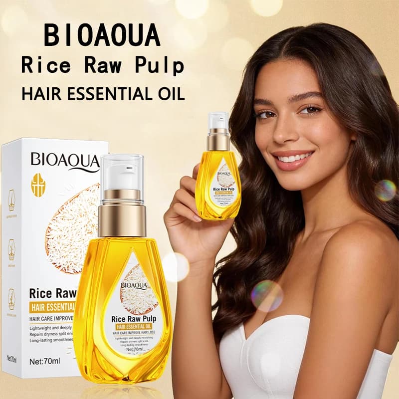 Huile essentielle pour les cheveux à base de purée de riz, après-shampoing lissant et réparateur, utilisé pour améliorer les cheveux crépus, abîmés, à pointes fourchues et secs.
