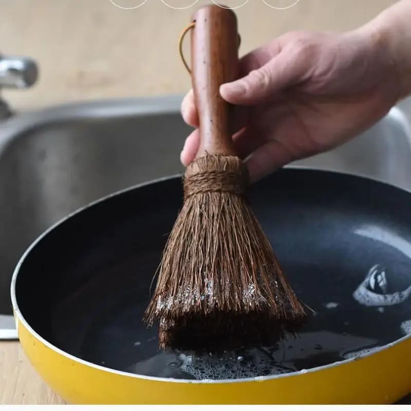 Brosse de nettoyage en soie de palme à manche en bois pour casseroles, antiadhésive, pour cuisinière, vaisselle, poils doux, produits de nettoyage