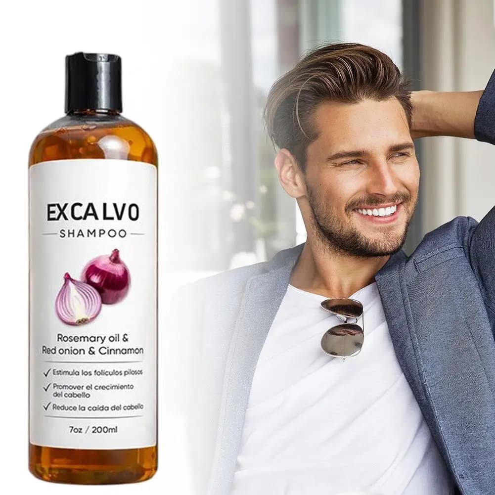 EXCALVO Shampooing Oignon & Romarin 200ml - Avec Cannelle, Réduit la Chute des Cheveux, Stimule les Follicules, Épaissit et Renforce les Cheveux
