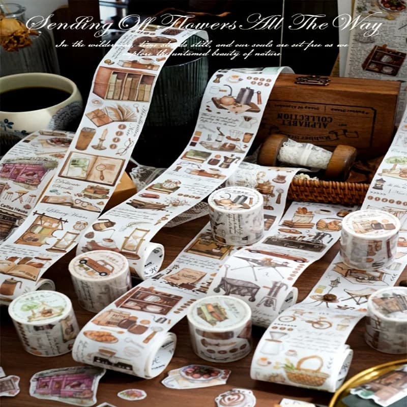 6Roll-up 5 cm × 200 cm, ensemble de rubans Washi sur le thème de la vie du café, avec motifs de la vie rurale – Parfait pour le scrapbooking, artisanat décoratif