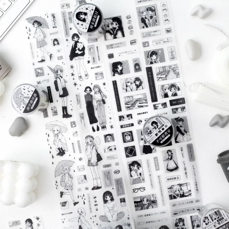 2 m/rouleau Kawaii japonais noir et blanc manga style PET ruban découpé bricolage décoration scrapbook journal album papeterie autocollant