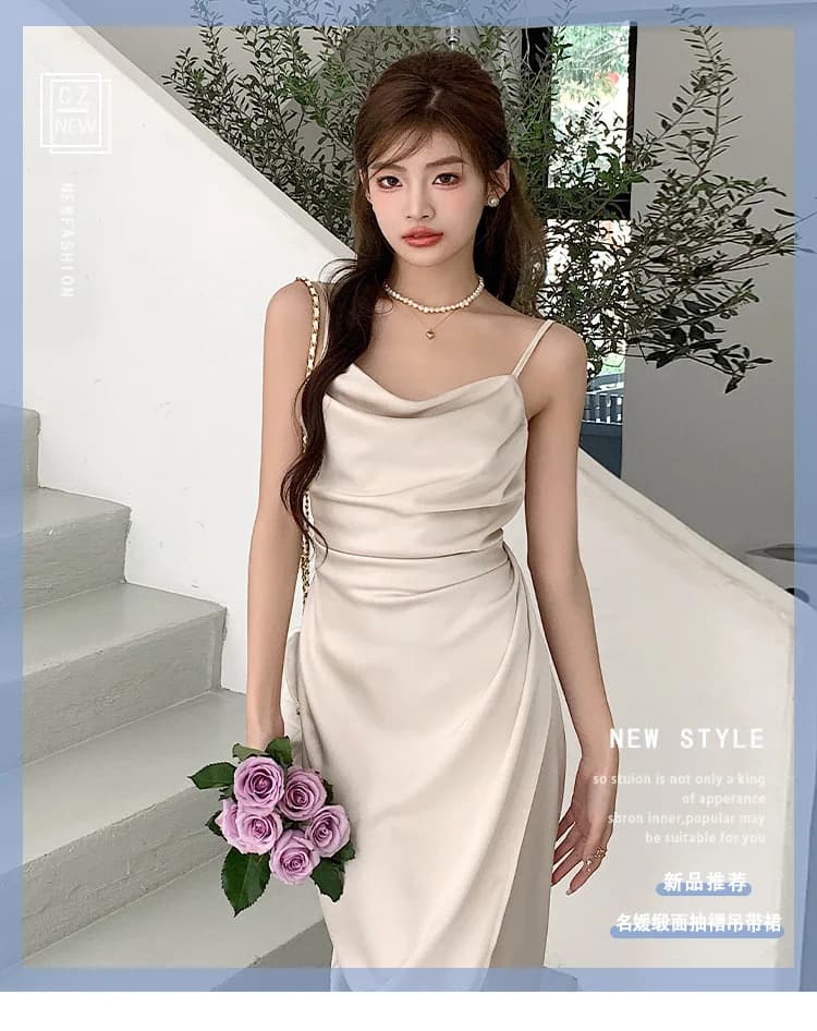 Robe nuisette plissée en satin de style aristocratique, couleur unie, avec fente sexy, pour l'été en Europe et aux États-Unis