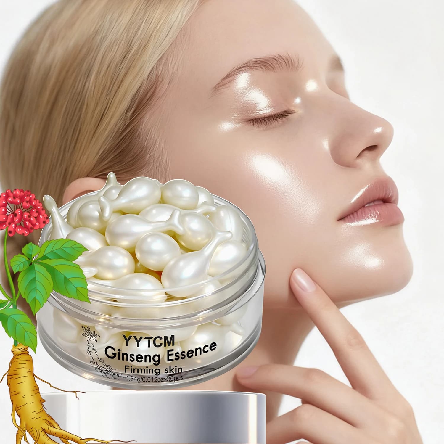 Capsules d'essence de ginseng, essence hydratante et raffermissante, contient du squalane, de la niacinamide, de la vitamine E, du rétinol, hydratation intense (0,34 g x 30 capsules)/flacon - 1 flacon