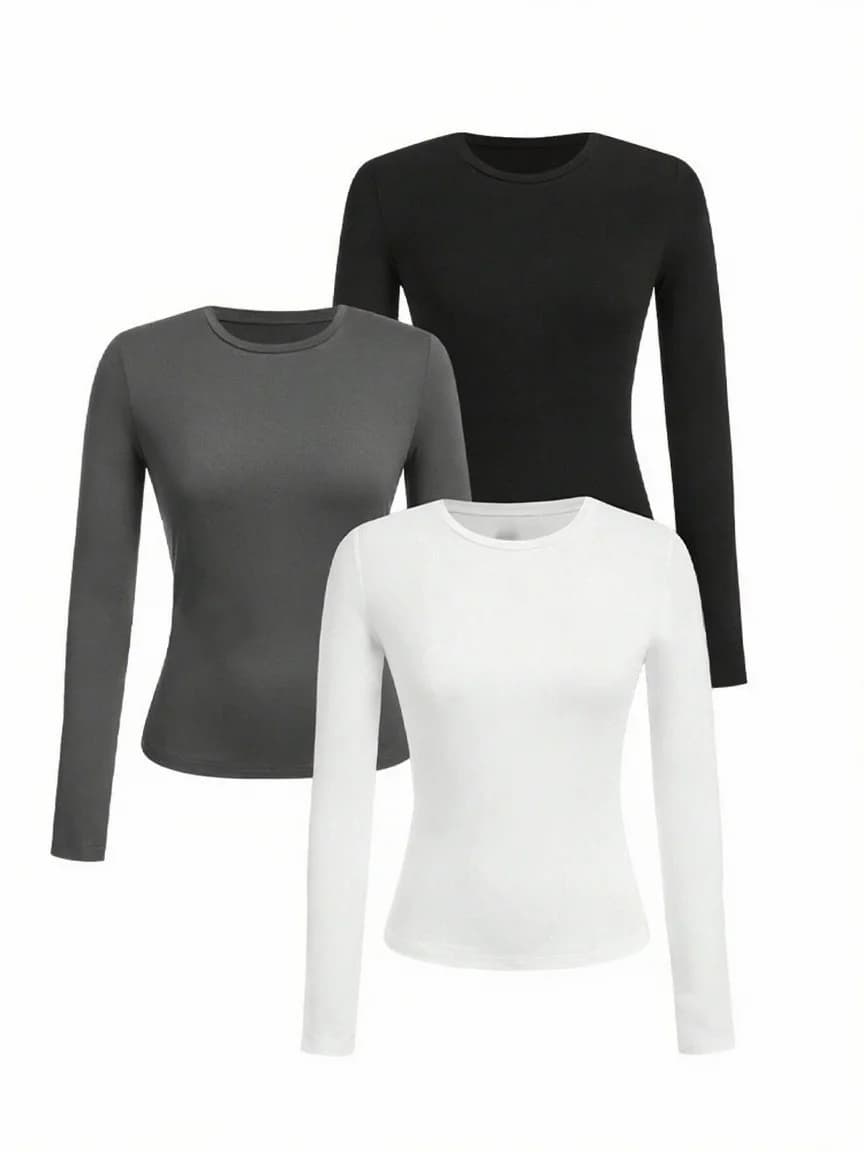 T-shirt femme manches longues couleur unie - Tissu tricoté polyester, col rond, coupe régulière, style automne-hiver