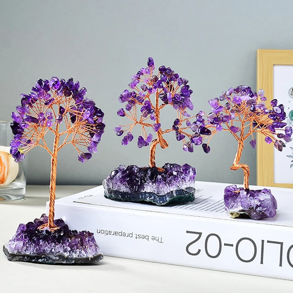 Arbre en grappe de cristal d'améthyste naturelle – Base en pierre concassée pour la décoration de la maison