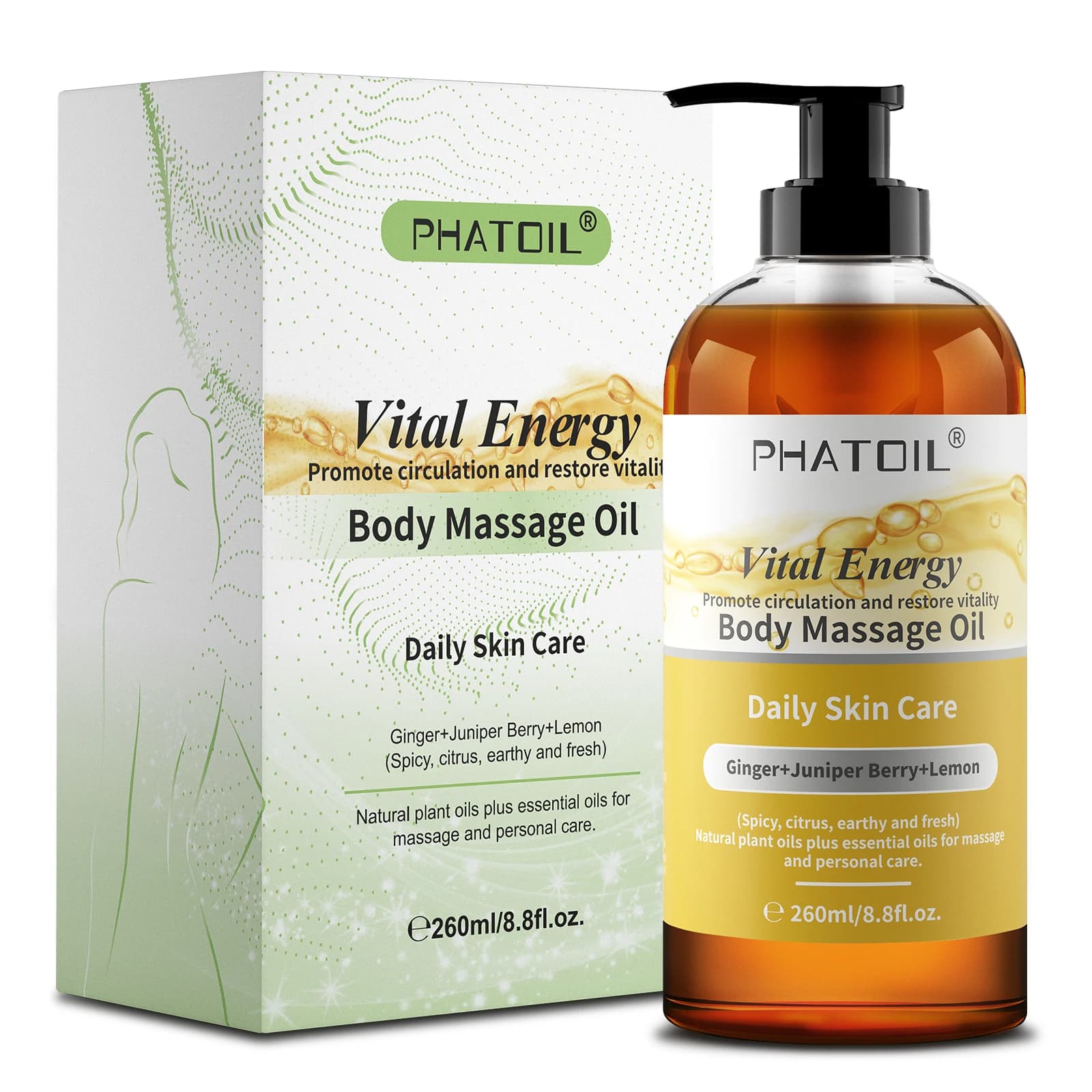PHATOIL 260ml huile corporelle-huile de Massage hydratante et apaisante avec parfum longue durée huiles pour le corps vanille gingembre romarin