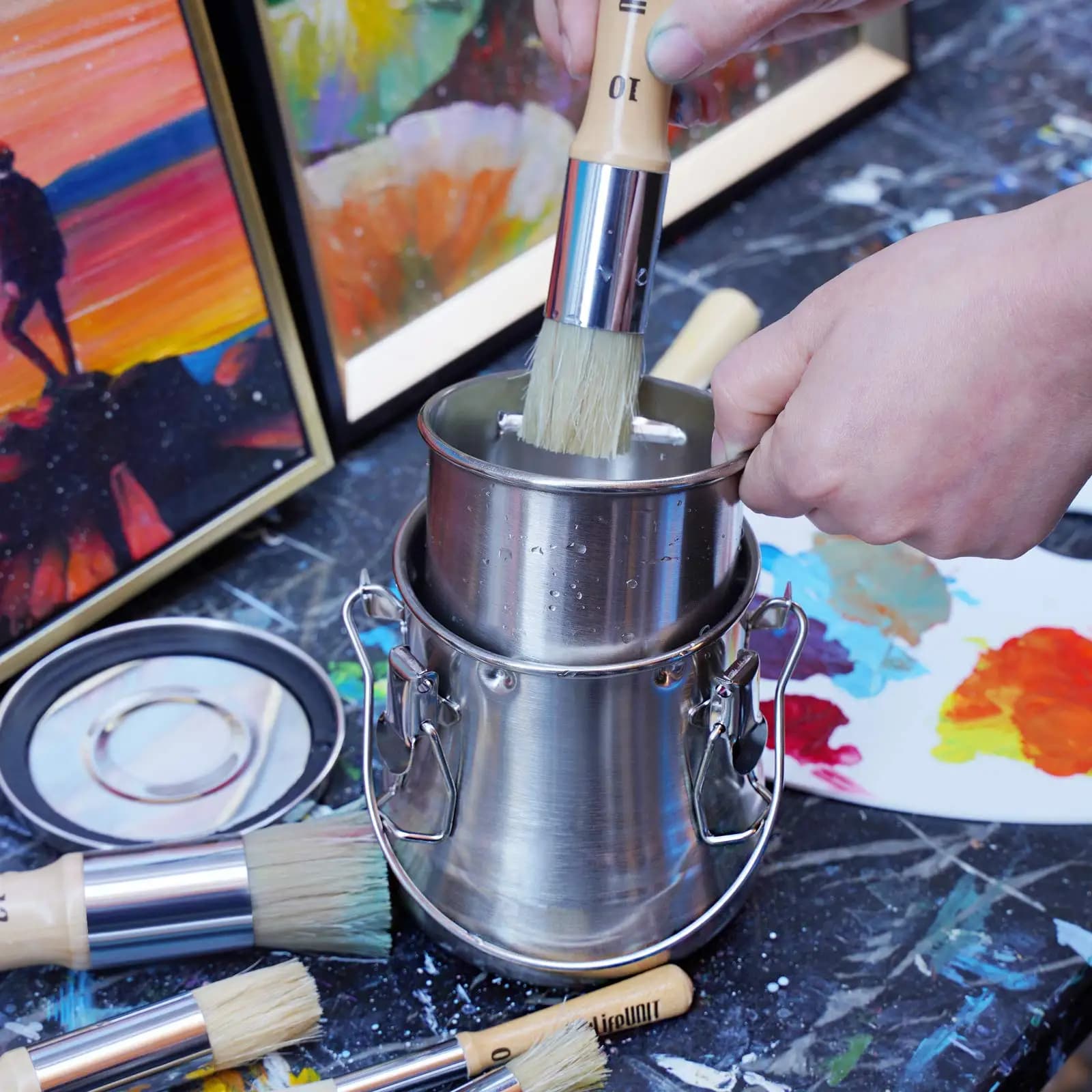 Laveur de pinceaux à peinture à l'huile en acier inoxydable avec pot à huile et filtre poreux amovible, nettoyeur de pinceaux en acier inoxydable scellé