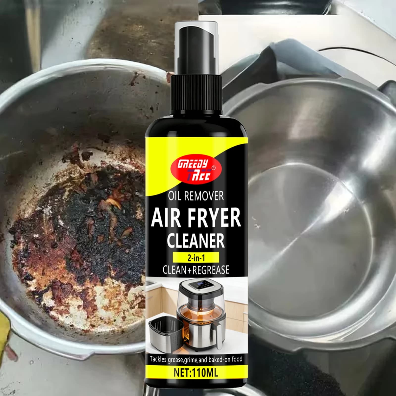 Nettoyant pour friteuse à air, spray puissant anti-taches d'huile pour les restes de nourriture et la graisse incrustées, 110 ml avec chiffon de nettoyage, accessoires de nettoyage de cuisine