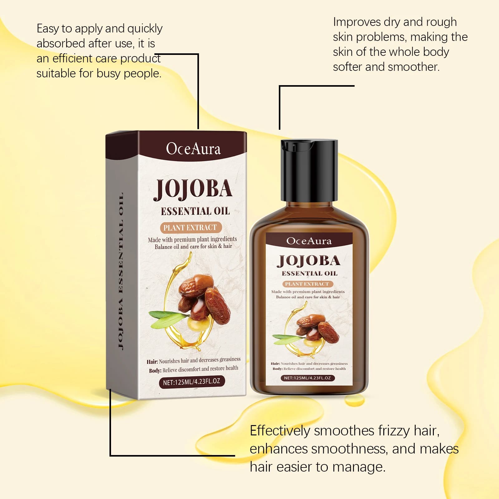 Huile de jojoba naturelle anti-rides, raffermissante, hydratante pour le visage, huile de massage relaxante, réparation des cheveux, soin de la peau, huile corporelle nourrissante 125 ml