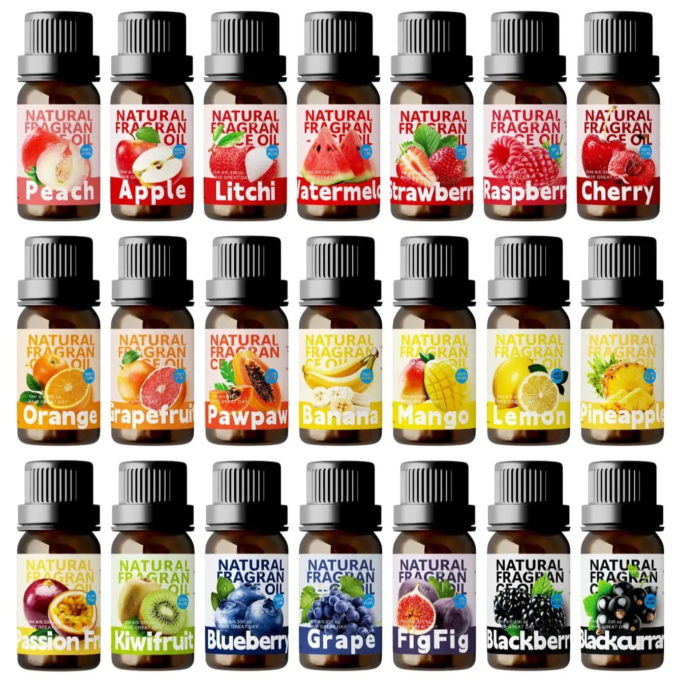 25 types d'huiles essentielles fruitées, huile parfumée fruitée pour diffuseur, fabrication de bougies - Fraise, Citron, Pêche, Banane, Mangue