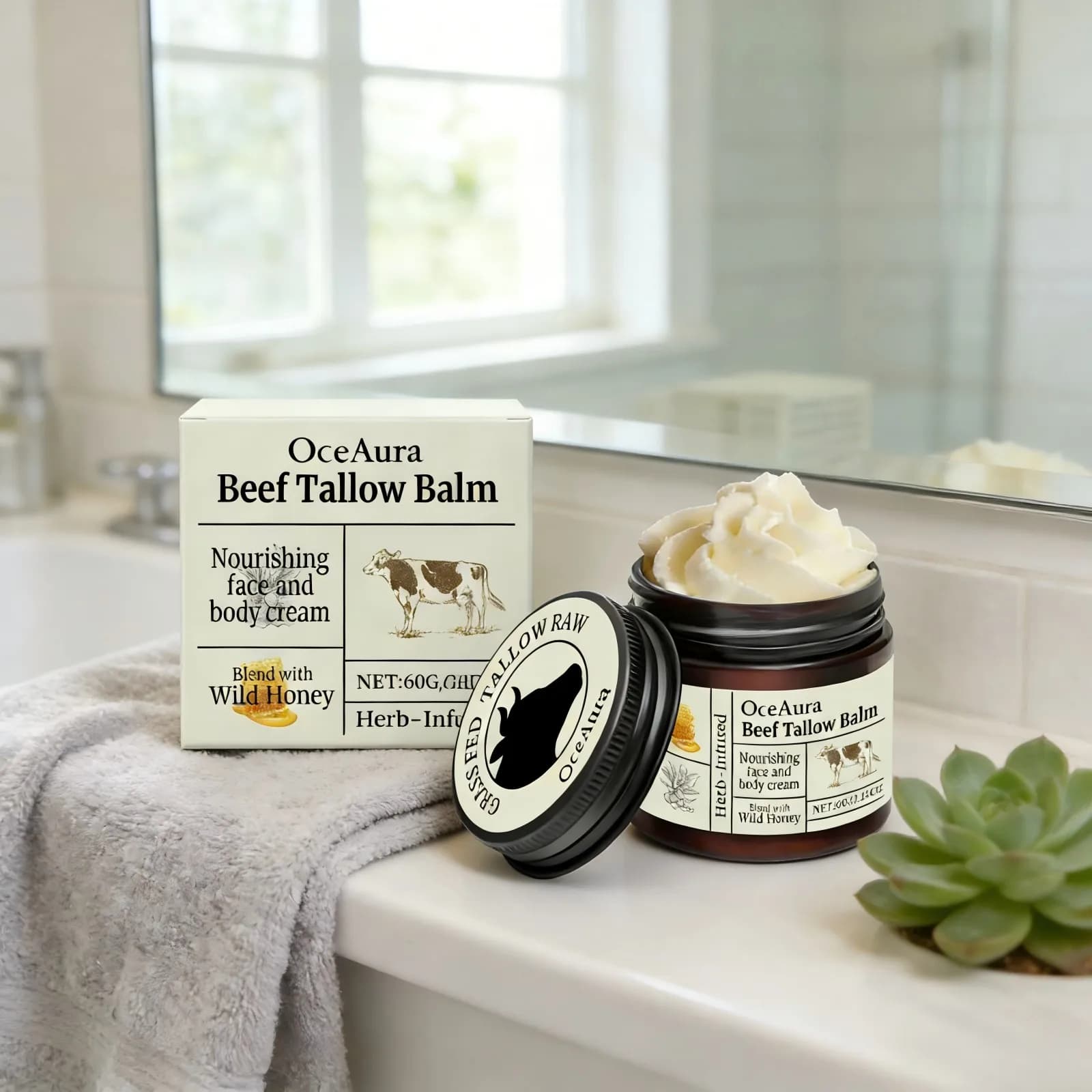 Baume au suif de bœuf et au miel OceAura – Soin réparateur de la barrière cutanée, hydratant corporel anti-gerçures, crème nourrissante pour le visage à l'huile d'olive
