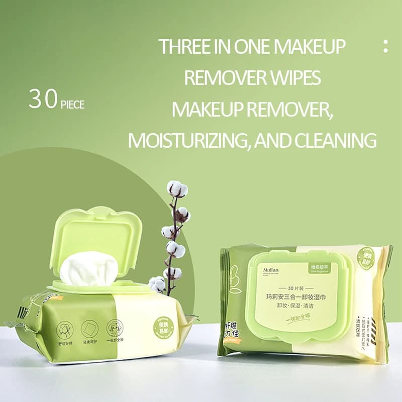 Lingettes humides démaquillantes à l'extrait de plante d'olive avec une eau suffisante pour le nettoyage et l'hydratation, 30 feuilletées