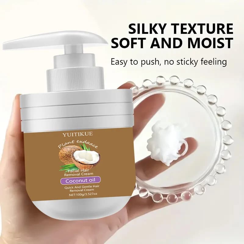 Crème dépilatoire visage à l'huile de coco YUITIKUE - Épilateur doux pour les lèvres, soyeux, non collant, hydratant et sans points noirs, 100g