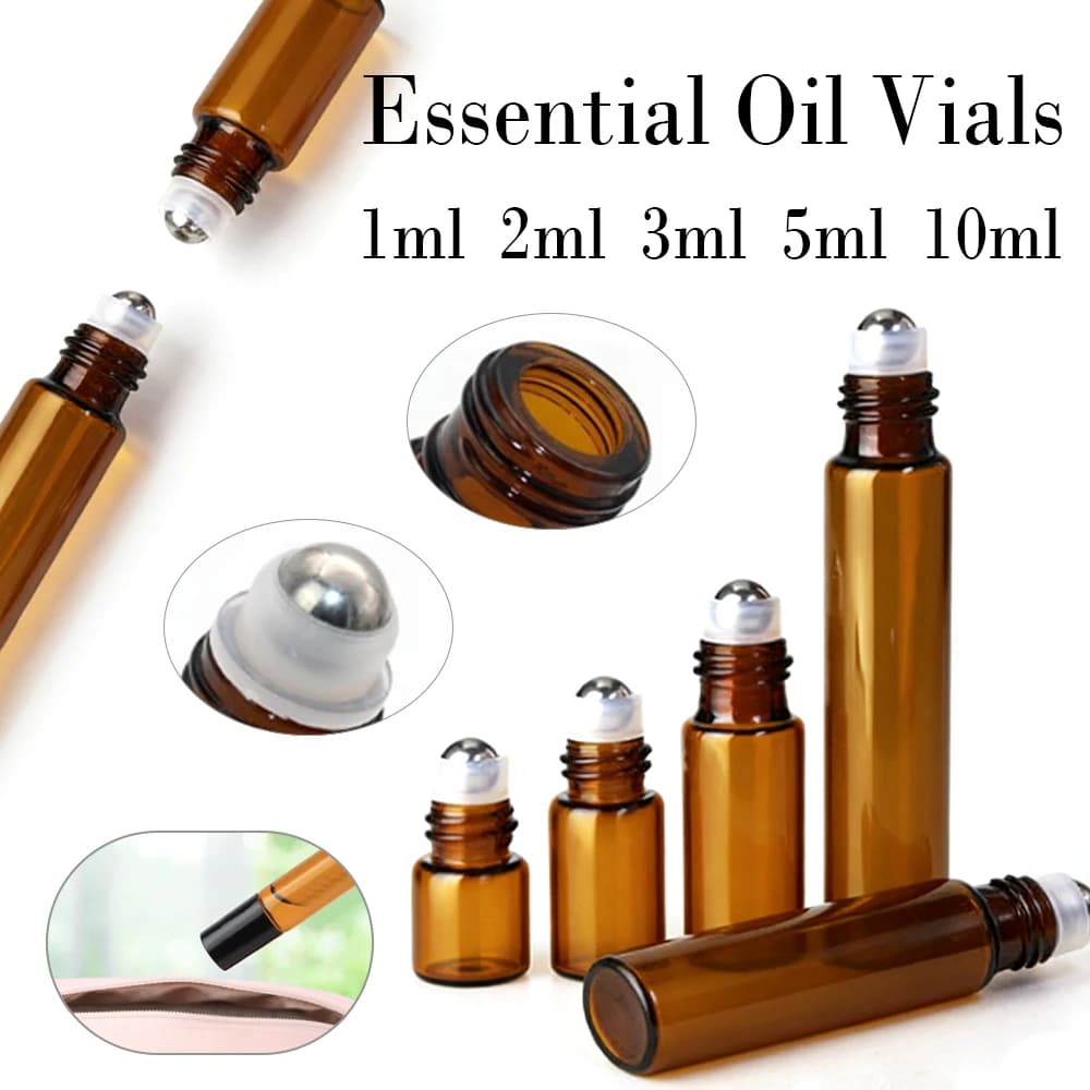 Bouteilles en verre à rouleau pour huiles essentielles, rouleau en verre rechargeable ambre, flacons d'huile métalliques, Mini bouteille, 5 à 50 pièces, 1ml, 2ml, 3ml, 5ml, 10ml