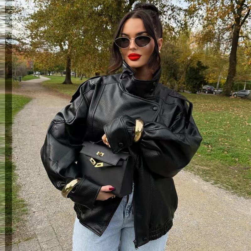 HXAO nouveauté femmes Bomber veste en cuir noir vestes recadrée surdimensionné vêtements d'extérieur fermeture éclair à