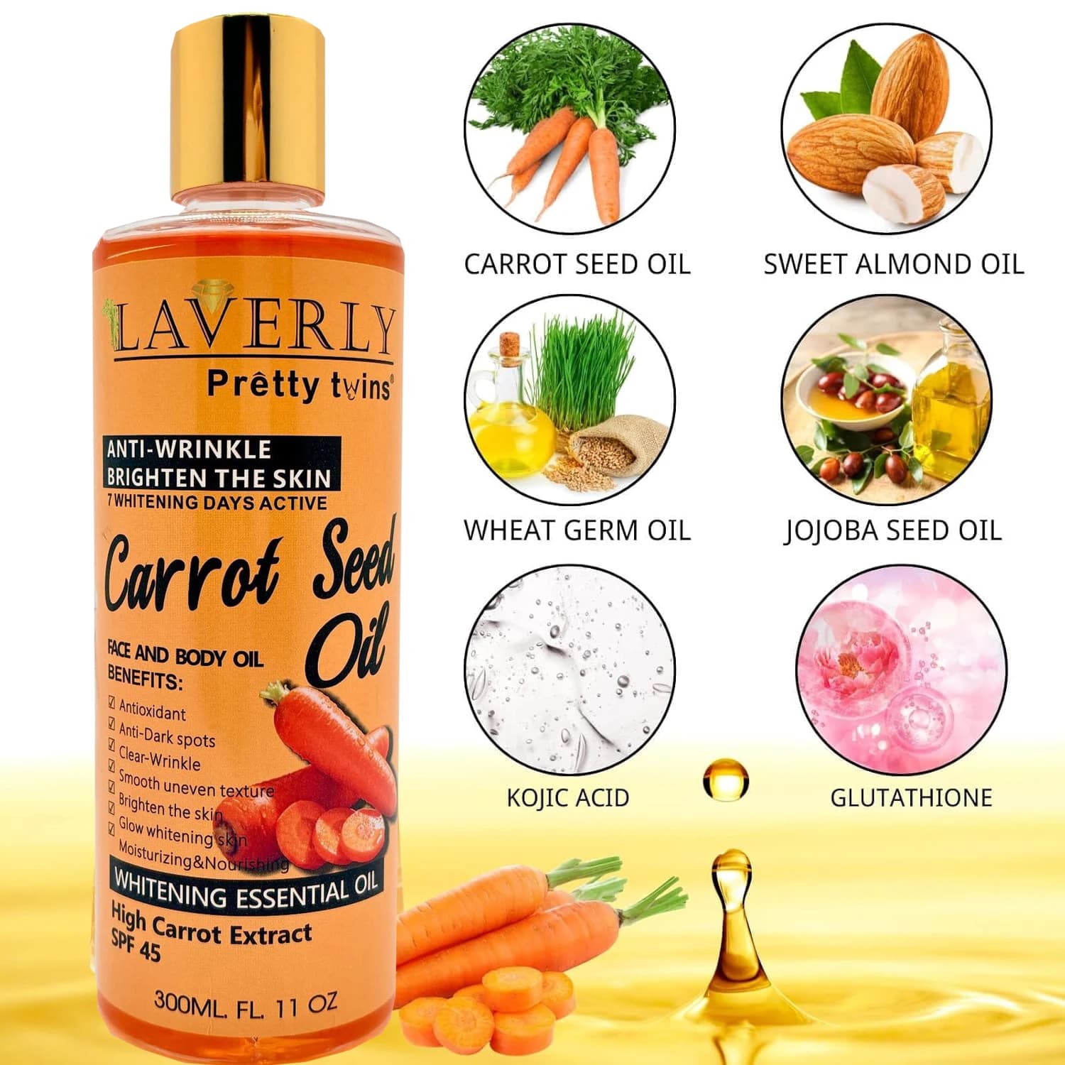 Huile corporelle hydratante à la carotte et au b-carotène 300 ml – Huile essentielle unisexe pour le corps, le visage et les mains
