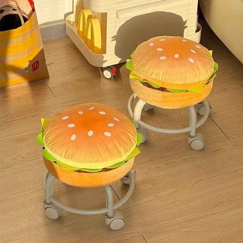 Tabouret roulant en forme de hamburger, chaise pivotante rembourrée et moelleuse avec roulettes, mobilier amusant pour enfants pour salon et chambre à coucher